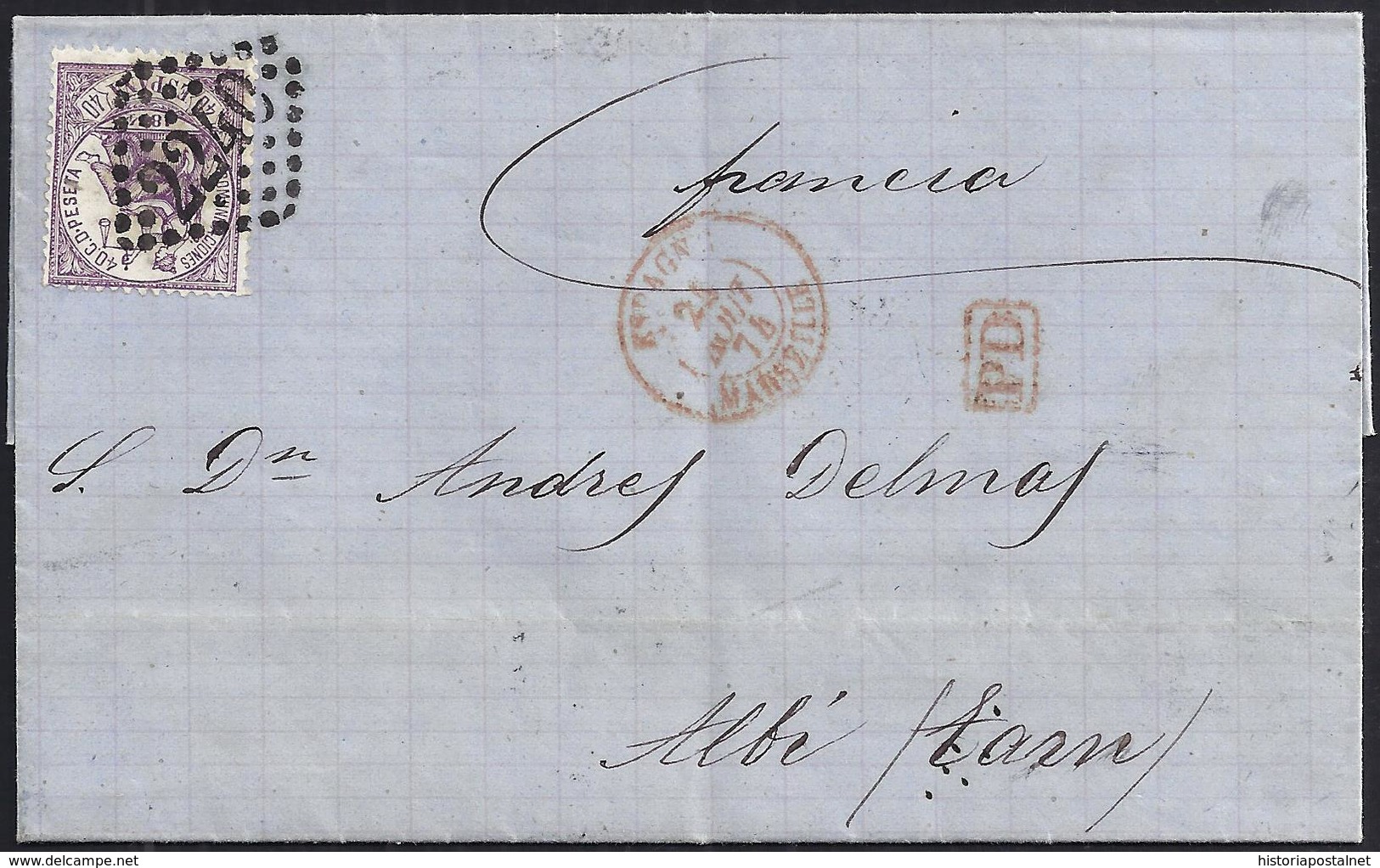 1874. BARCELONA A ALBI. 40 CTS. ED. 148. MAT. FRANCÉS ROMBO DE PUNTOS EN TRÁNSITO. MUY BONITA. CARTA COMPLETA. - Storia Postale