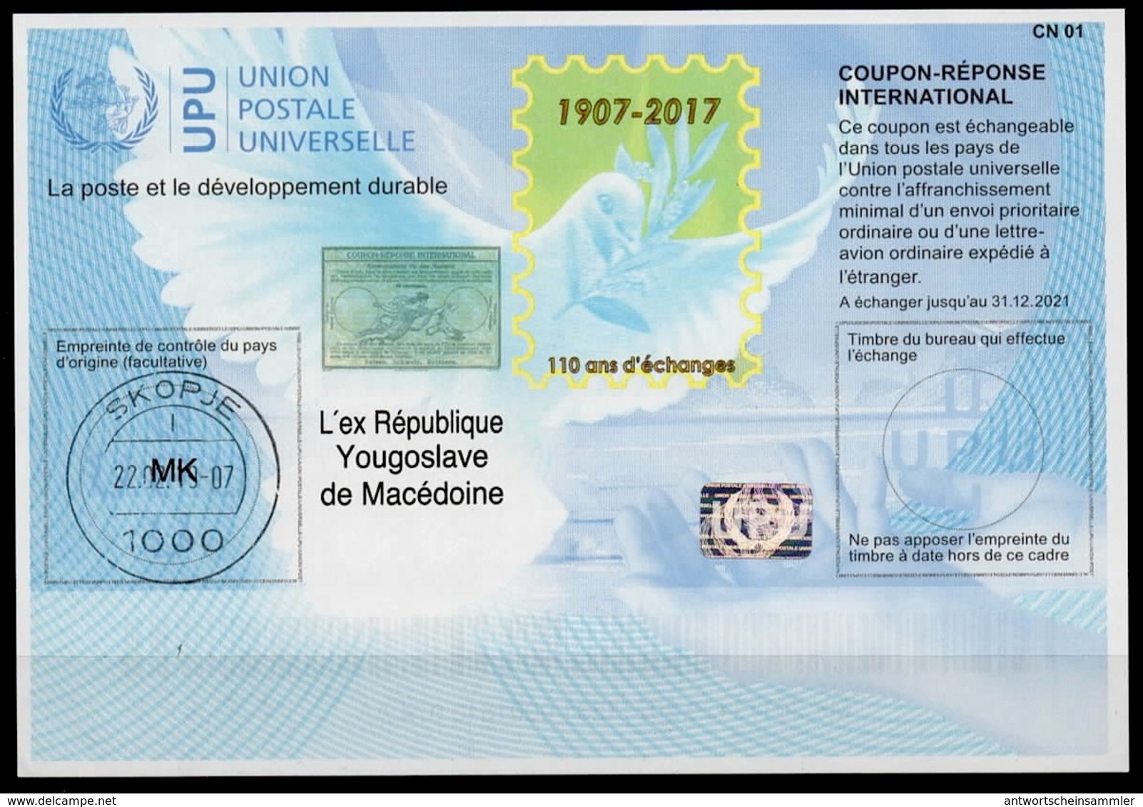 MACEDONIA / MACEDOINE Is42  20171120 AA Intern. Reply Coupon Reponse Antwortschein IAS IRC Hologram O SKOPJE 22.02.2019 - Nordmazedonien