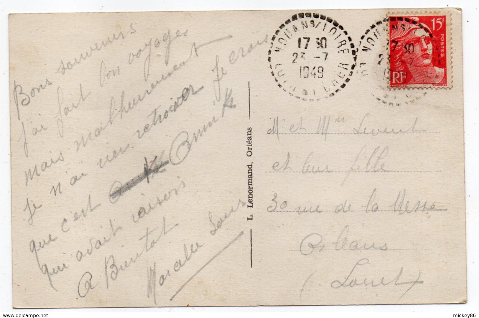 St LAURENT-NOUAN --NOUAN /LOIRE-1949--Cavereau ( Animée)--timbre --Beau Cachet Recette Rurale.......à Saisir - Autres & Non Classés