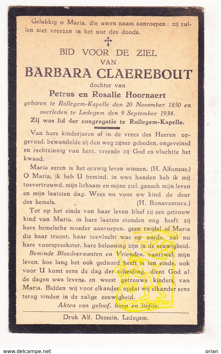 DP Barbara Claerebout / Hoornaert ° Rollegem-Kapelle 1850 † Ledegem 1934 - Devotion Images