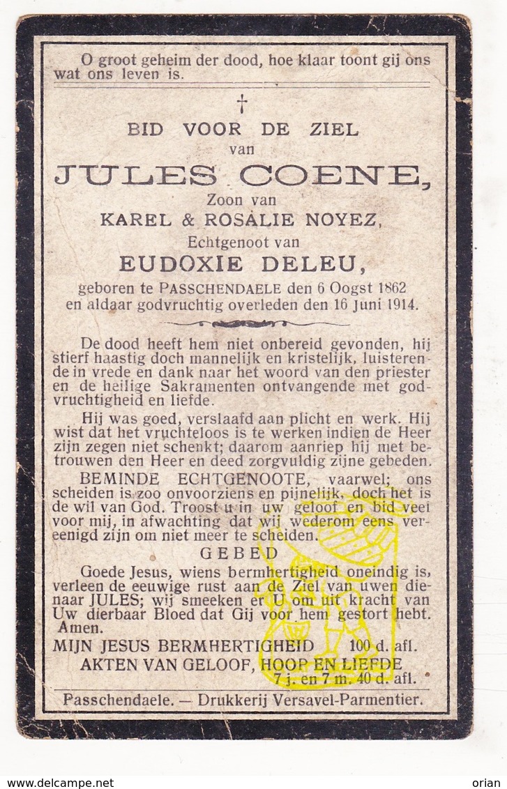 DP Jules Coene / Noyez ° Passendale Zonnebeke 1862 † 1914 X Eudoxie Deleu - Images Religieuses