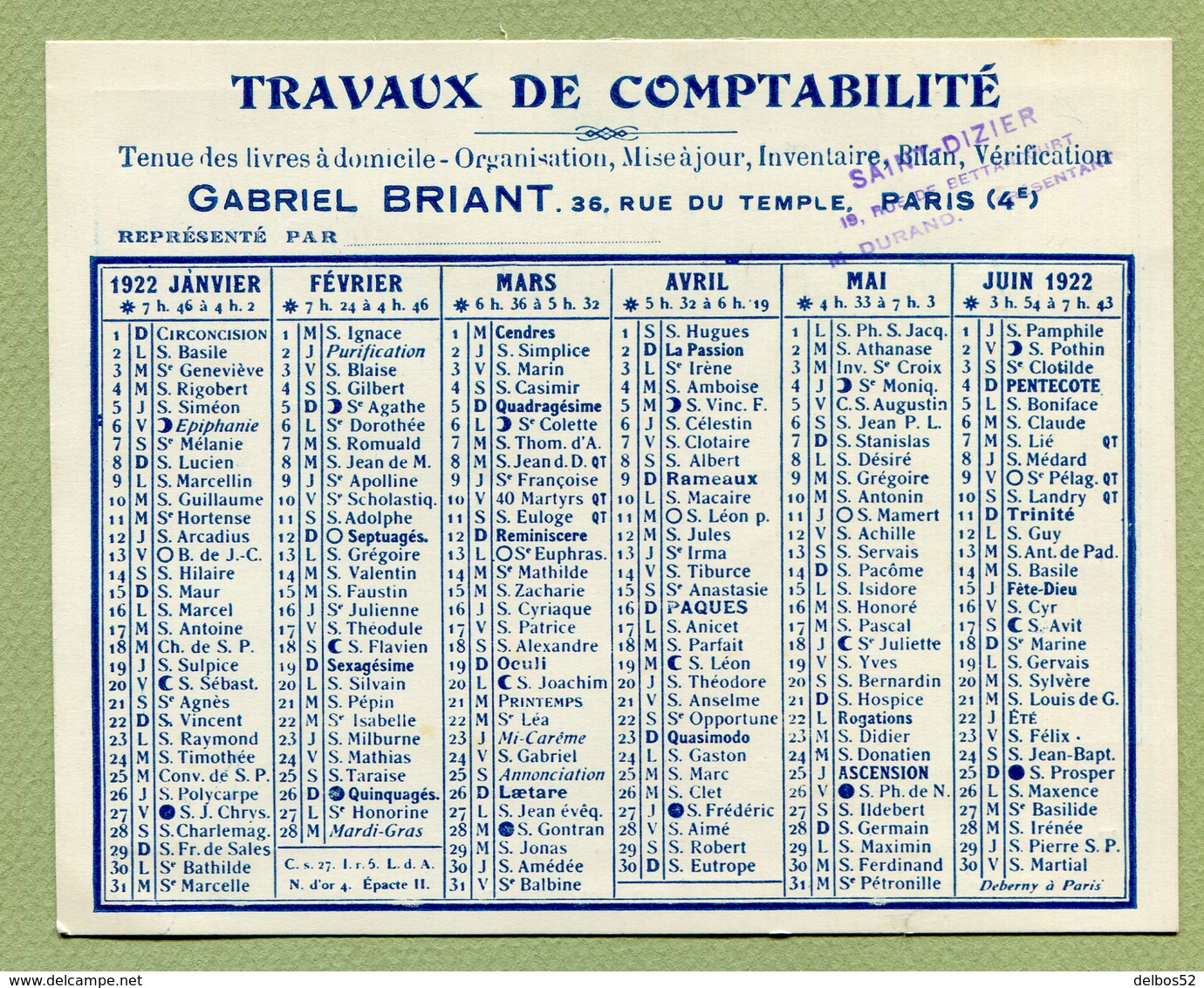 PARIS & SAINT-DIZIER : TRAVAUX DE COMPTABILITE Gabriel BRIANT "  1922 - Petit Format : 1921-40