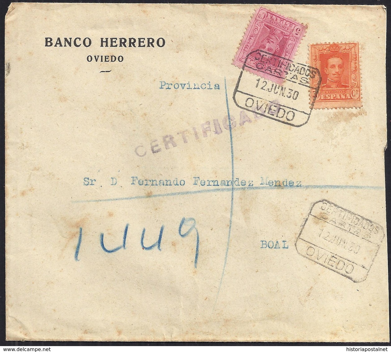 1930. CERTIFICADO DE OVIEDO A BOAL. 5 CTS. ED. 312 Y 50 CTS. ED. 320. AL DORSO LLEGADA. MAGNÍFICO. - Cartas & Documentos