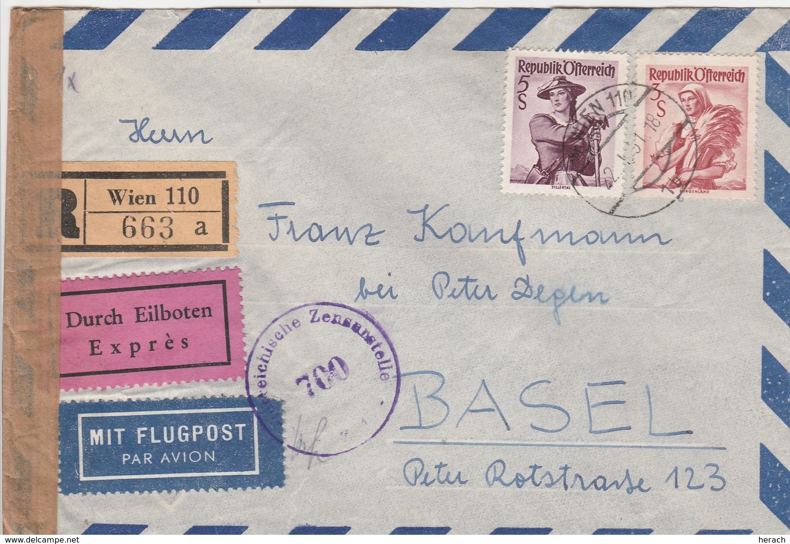 Autriche Lettre Recommandée Censurée Par Exprès Par Avion Pour La Suisse 1951 - Storia Postale