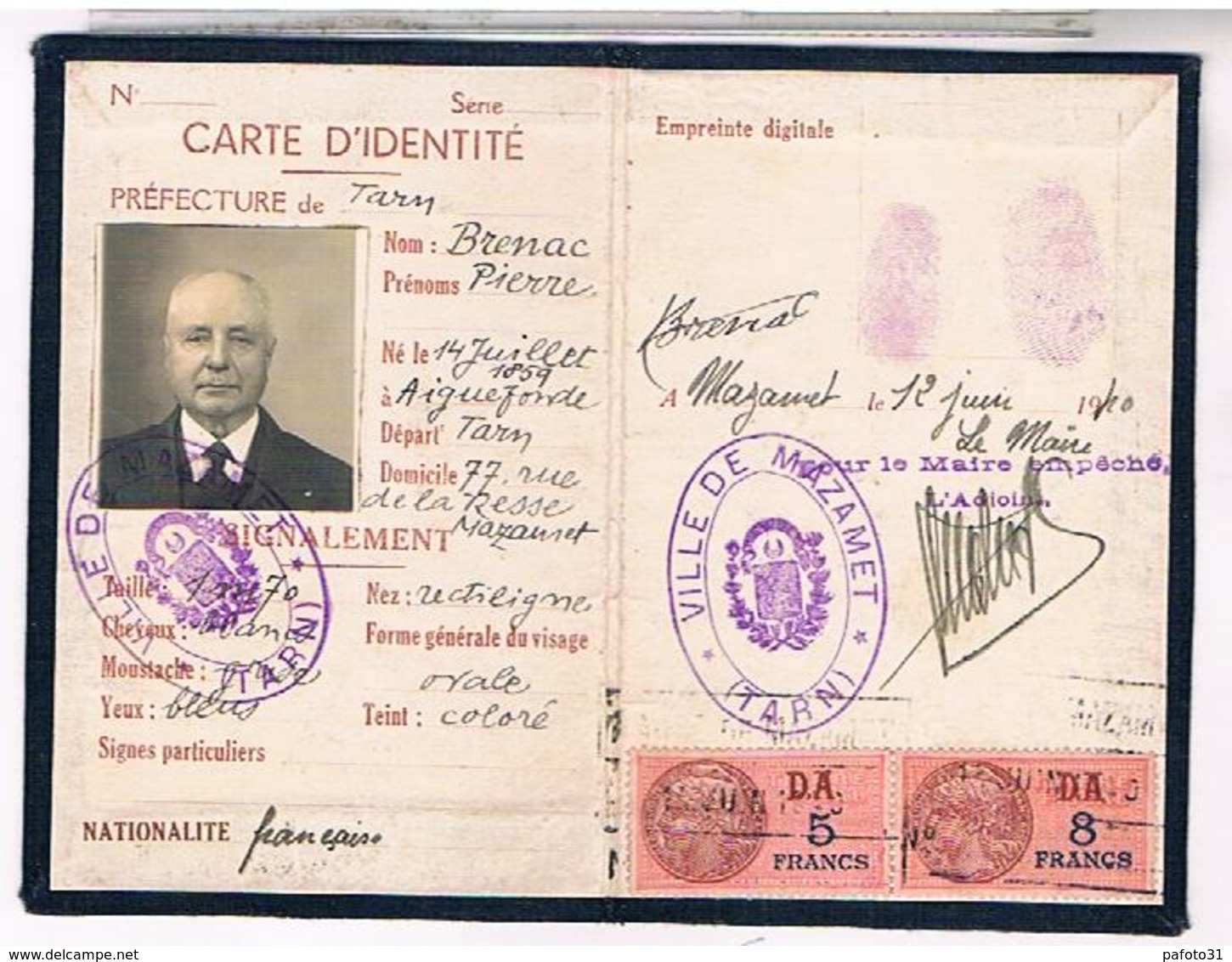 FRANCE CARTE IDENTITE PIERRE BRENAC 1940 MAZAMET  CH61 - Documents Historiques