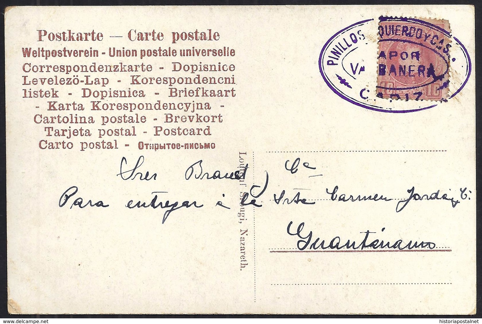 1907. TARJETA POSTAL A GUANTANAMO. 10 CTS. ED. 243. MAT. "PINILLOS IZQUIERDO Y CAS/VAPOR/VALBANERA/CADIZ2. MAGNÍFICA. - Cartas & Documentos