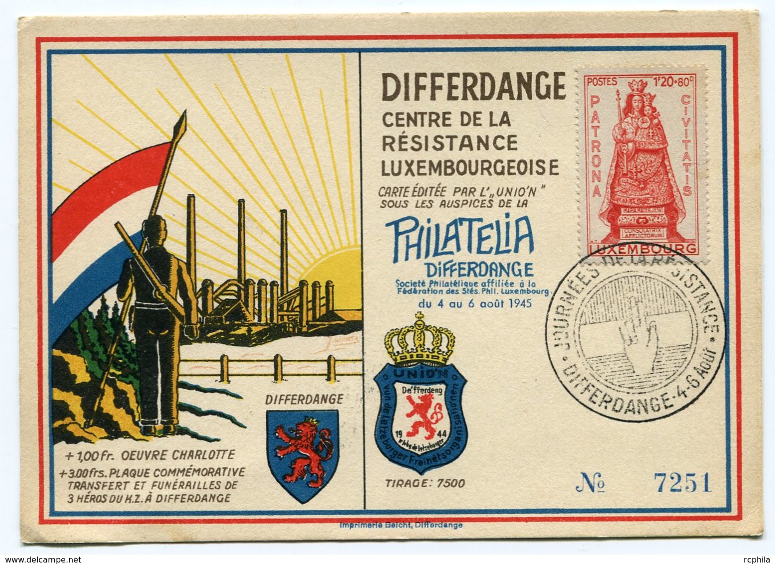 RC 11701 LUXEMBOURG 1945 JOURNÉES DE LA RÉSISTANCE - DIFFERDANGE CARTE MAXIMUM - Covers & Documents