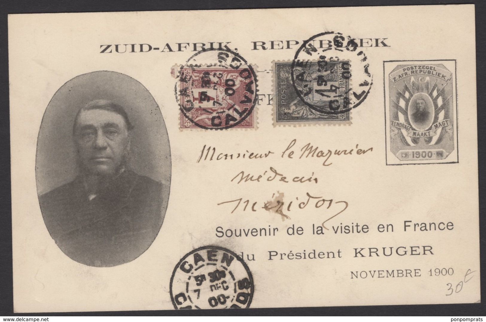 CALVADOS: Carte Souvenir De La Visite Du Président KRUGER 1900 Avec 4c +1c Sage Oblt  CàD Type A2b CAEN > NISSAN - Official Stationery