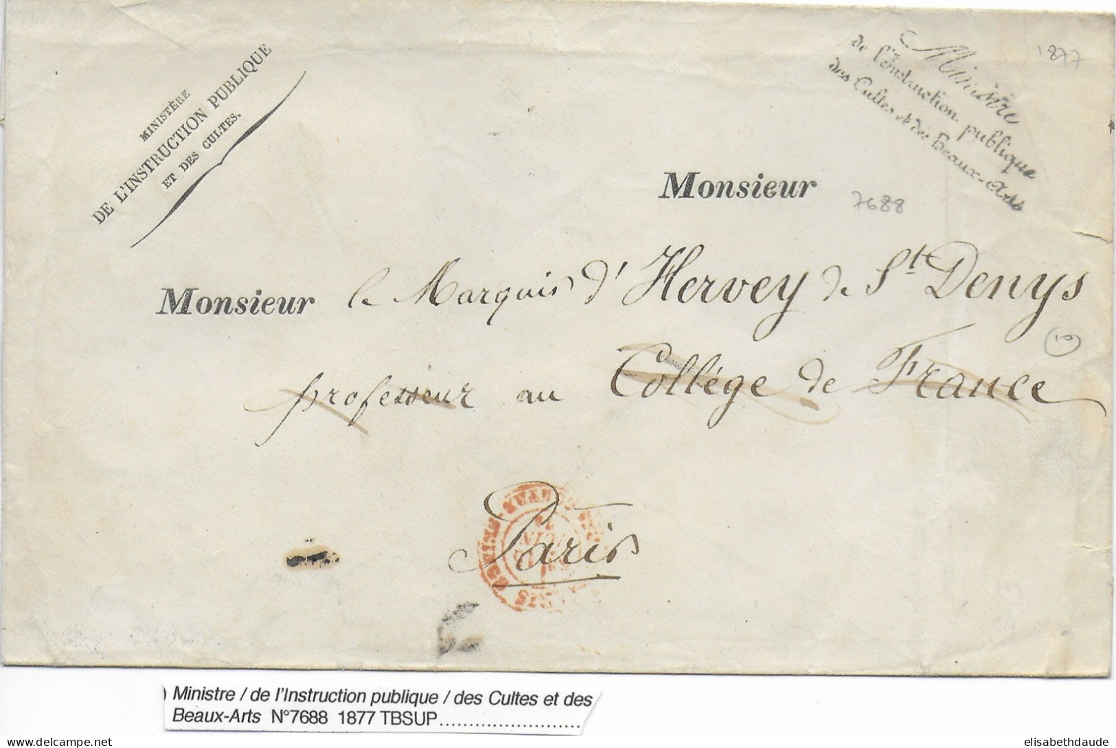 1877 - ENVELOPPE FRANCHISE Avec MARQUE LINEAIRE Du MINISTRE De L'INSTRUCTION PUBLIQUE, DES CULTES Et Des BEAUX-ARTS - Cartas Civiles En Franquicia