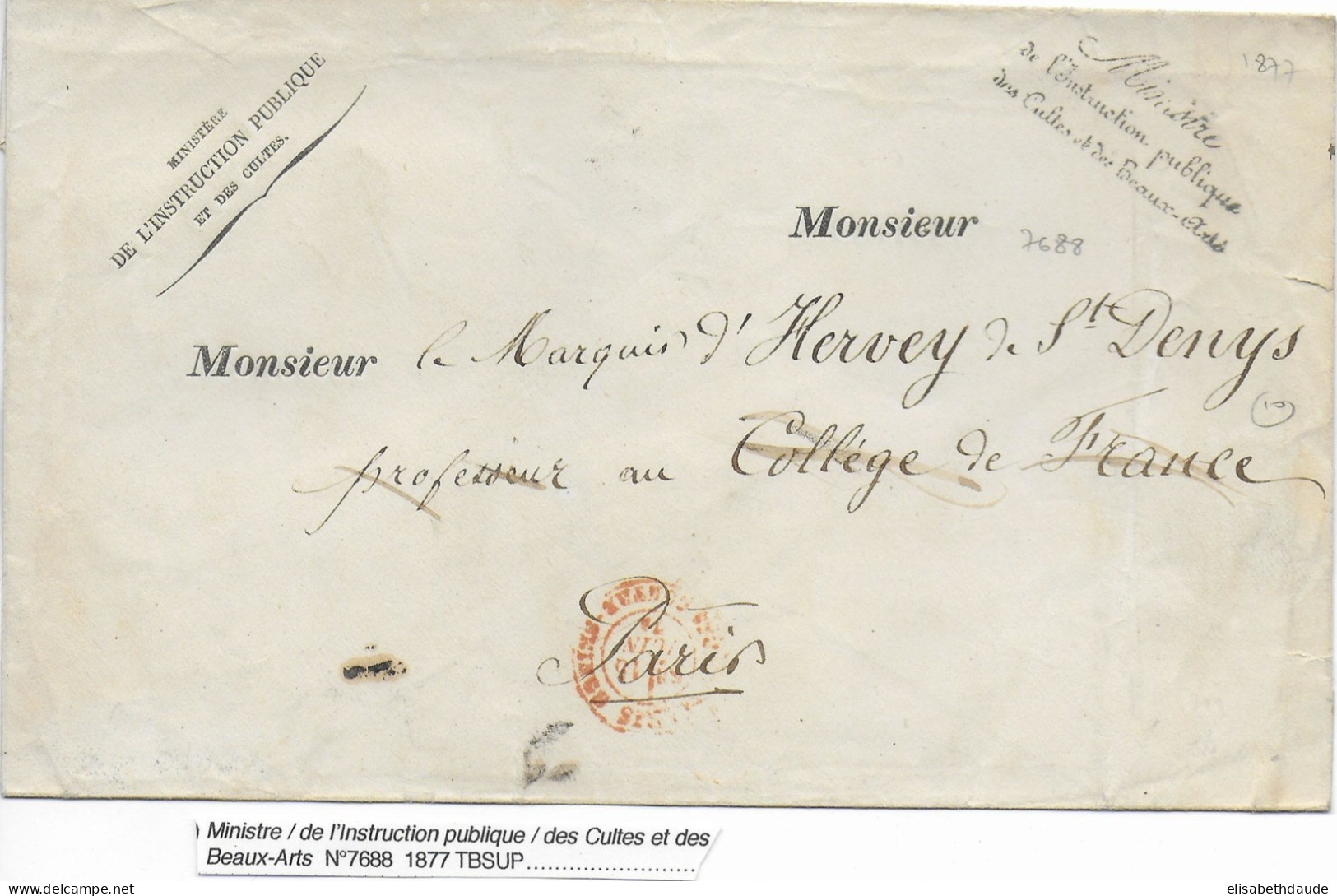 1877 - ENVELOPPE FRANCHISE Avec MARQUE LINEAIRE Du MINISTRE De L'INSTRUCTION PUBLIQUE, DES CULTES Et Des BEAUX-ARTS - Burgerlijke Brieven Zonder Portkosten