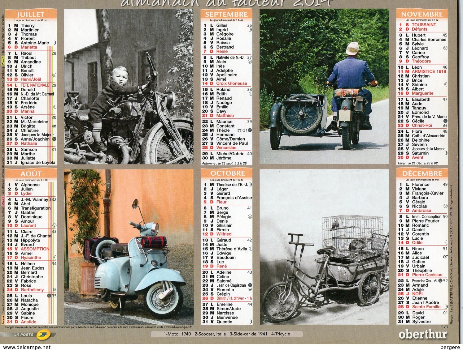 Calendrier Du Facteur - Grand Format - 2014. Motocyclette, Vielle Moto, Scooter, Vespa, Side-car, Tricycle .... - Grand Format : 2001-...