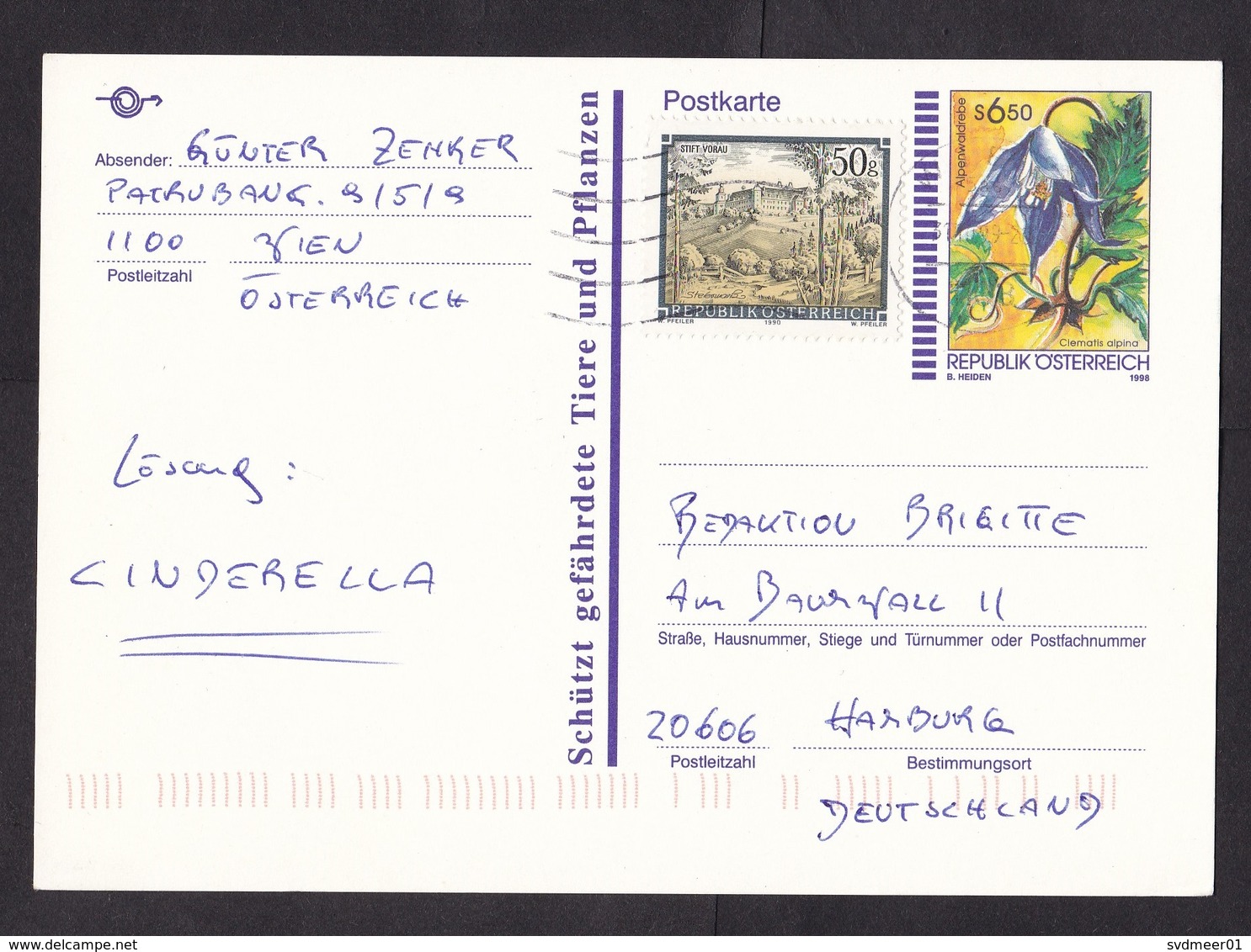 Austria: Stationery Postcard To Germany, 1999, Extra Stamp, Year Of Environment Protection, Flower (traces Of Use) - Brieven En Documenten