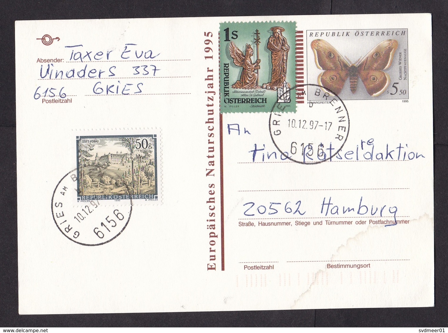 Austria: Stationery Postcard To Germany, 1997, 2 Extra Stamps, Year Of Environment Protection, Butterfly (water Stain) - Brieven En Documenten