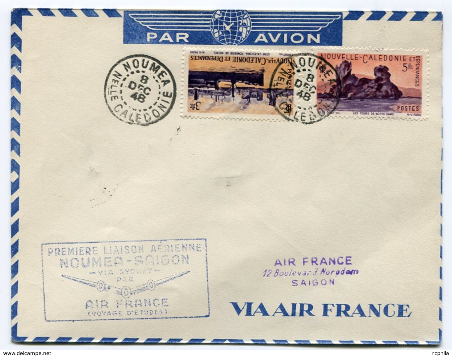 RC 11709 Nelle CALEDONIE 1948 LETTRE NOUMÉA SAIGON PAR SYDNEY AIR FRANCE FFC - Lettres & Documents