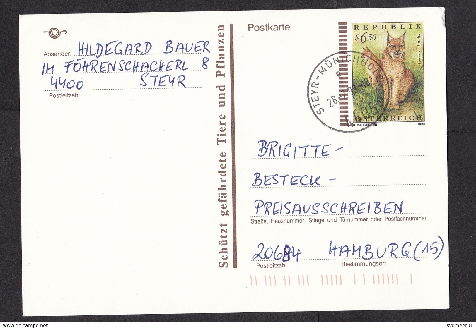 Austria: Stationery Postcard, 1999, Endangered Animal, Lynx (traces Of Use) - Brieven En Documenten