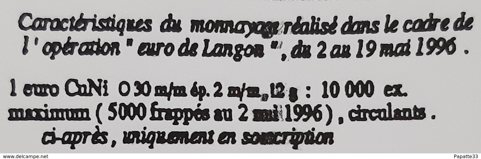 LANGON - 1 EURO - CuNi - 2 Au 19 Mai 1996 (10.000 Exemplaires) - Euro Van De Steden