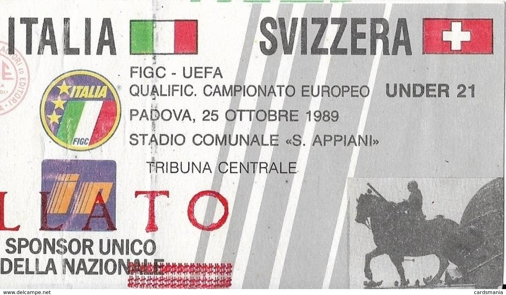 Biglietto ITALIA-SVIZZERA UNDER 21 1989 - Altri & Non Classificati