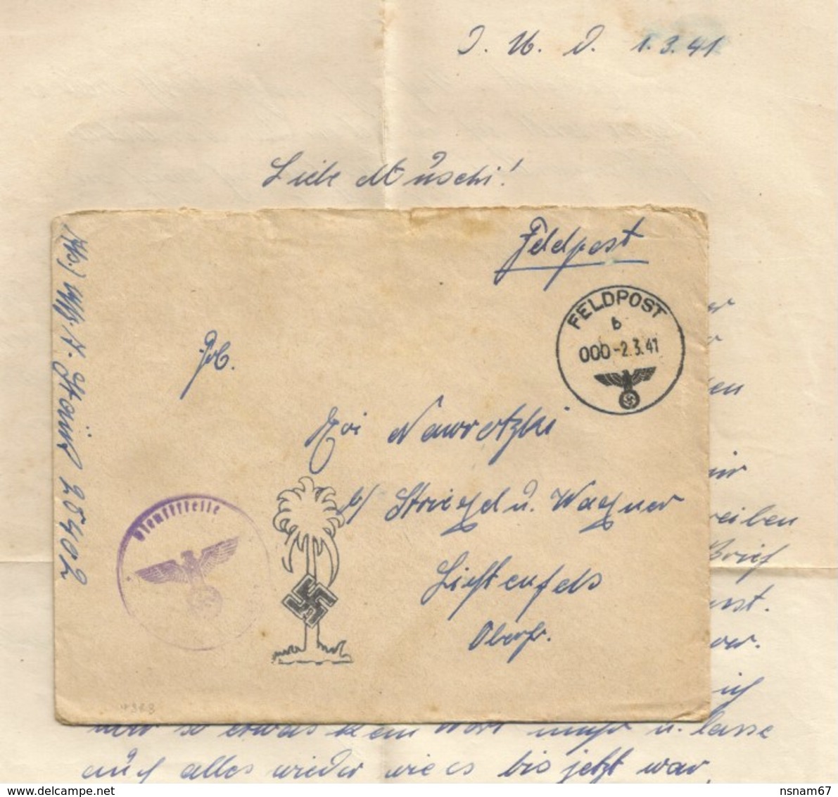 H888 - Feldpost 25402 - Mars 1941 - Franchise Illustée Palmier Avec Croix Allemande - Avec Correspondance - - Lettres & Documents