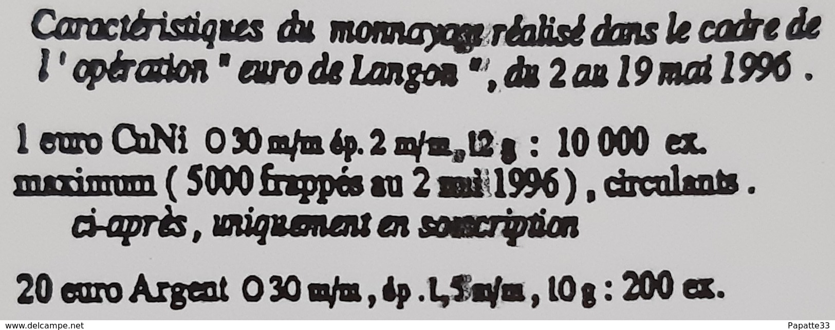 LANGON - 20 EURO Argent - 2 Au 19 Mai 1996 (200 Exemplaires) - Euros De Las Ciudades