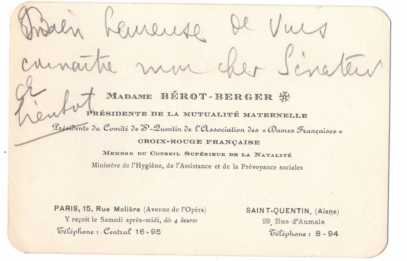 Madame Bérot Beger Croix Rouge ...  Saint Quentin Et Paris   CDV - Autres & Non Classés