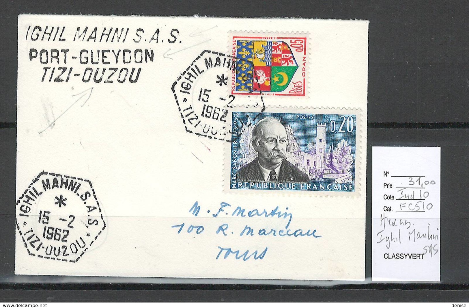 Algerie - Lettre  - Cachet Hexagonal IGHIL MAHNI SAS -  Marcophilie - Briefe U. Dokumente