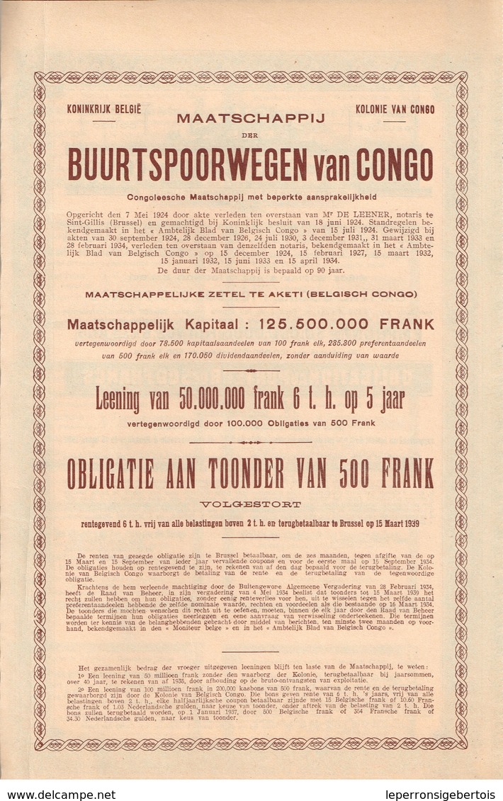 Obligation Uncirculed  - Société Des Chemins De Fer Vicinaux Du Congo - Titre De 1934 - Chemin De Fer & Tramway