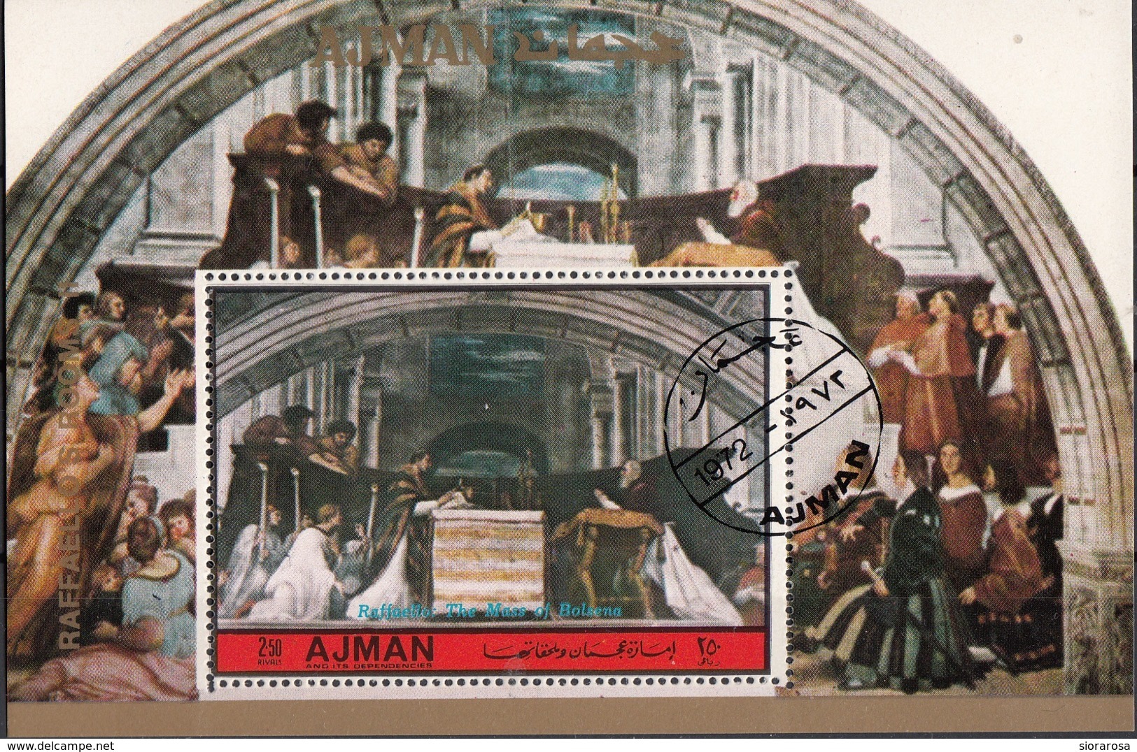 Ajman 1972 Bf. 408A "Messa Di Bolsena" Affresco Dipinto Da Raffaello Sanzio Sheet Perf. CTO Paintings Quadro - Ajman