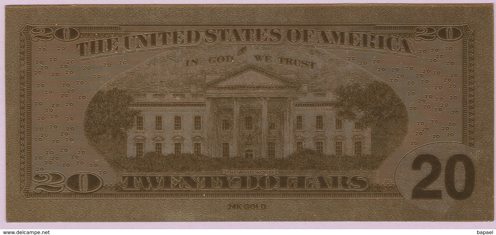 Billet De 20 Dollars Plaqué Or (Andrew Jackson 7ème Président Des Etats Unis Et Maison Blanche) (Recto-Verso) - Autres & Non Classés