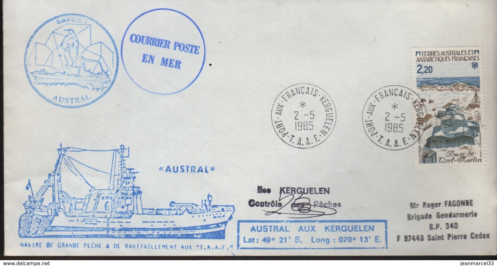 Port Aux Français Kerguelen Manuel 2-5 1985 Sur Timbre N° 112 "Navire De Grande Pêche 'Austral' - Cartas & Documentos