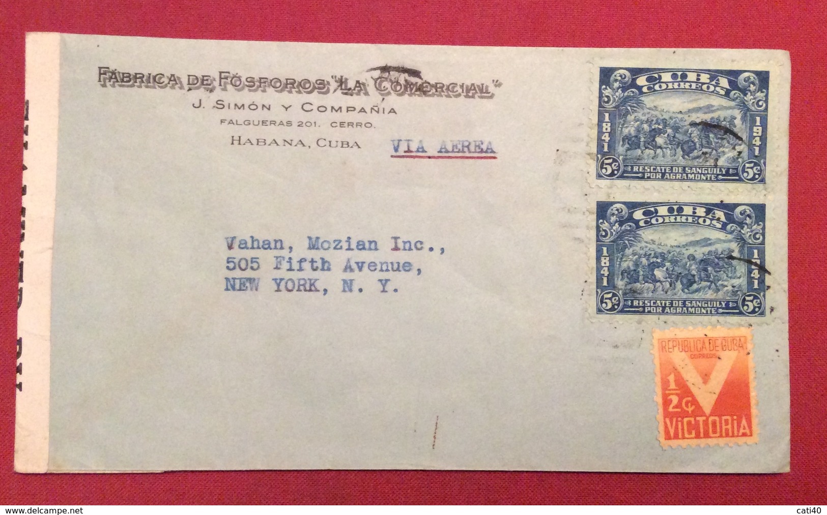 POSTA AEREA PAR AVION CUBA -  U.S.A.  ENVELOPE FABRICA FOSFOROS   FROM HABANA TO NEW YORK  THE 5/6/1944 CENSURATA - Lettres & Documents