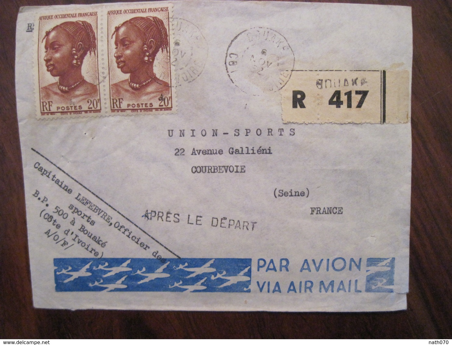 Cote D'Ivoire 1952 France BOUAKE AOF Recommandé Reco Après Le Départ Lettre Enveloppe Cover Colonie Par Avion Air Mail - Brieven En Documenten