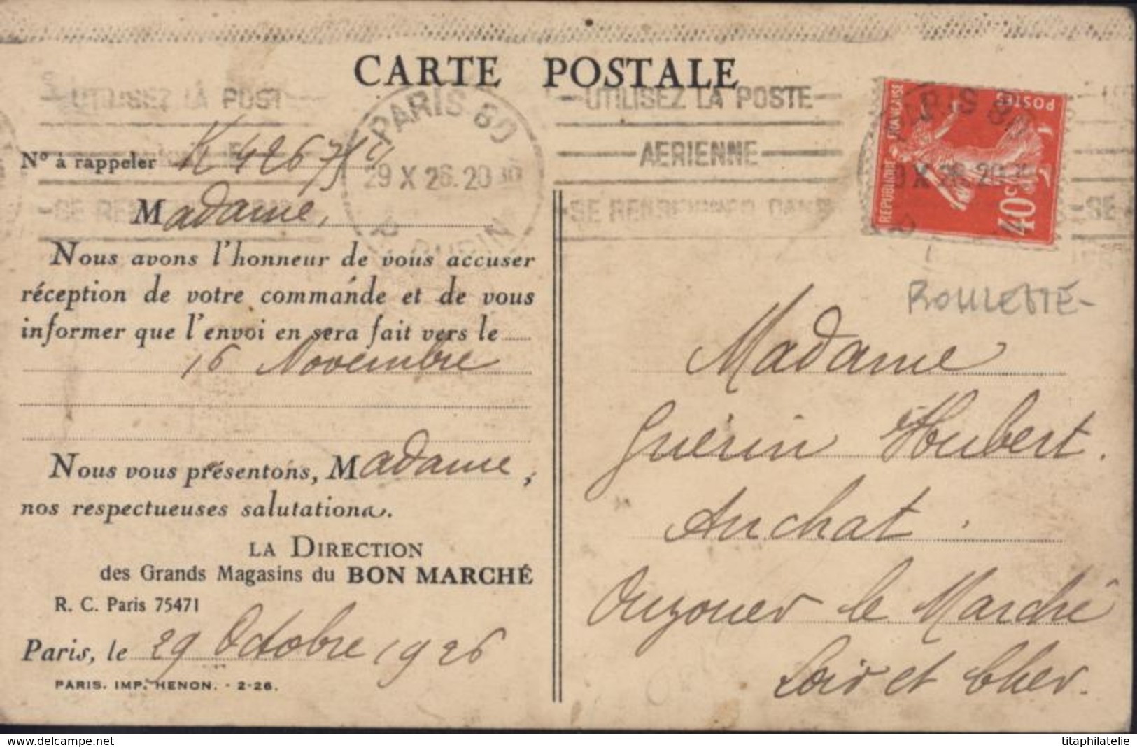 YT 194 Roulette CAD Paris 60 29 X 26 R Dupin Flamme Utilisez Poste Aérienne CP Imprimée Repiquée CPA Magasins Bon Marché - Coil Stamps