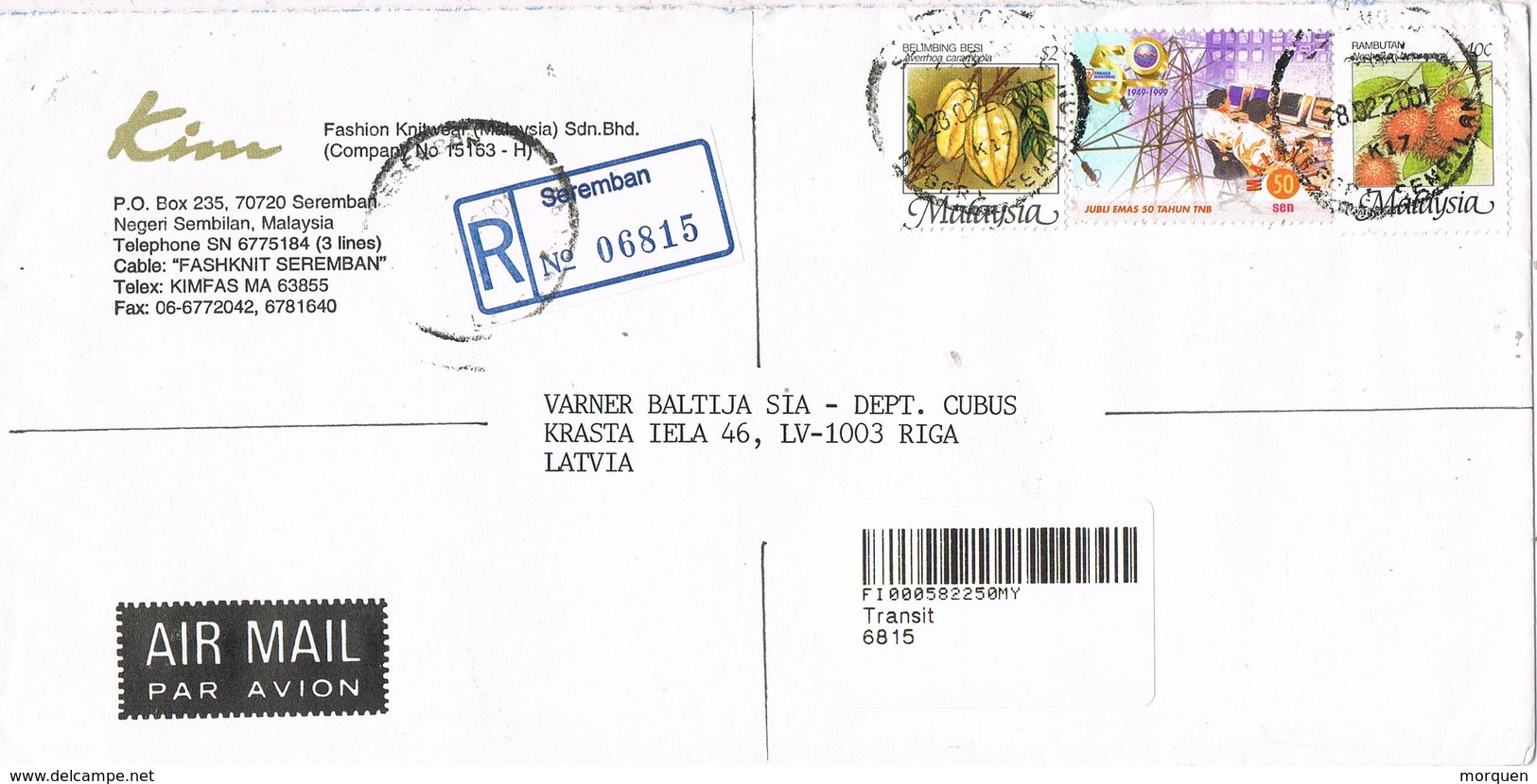 31631. Carta Aerea Certificada SEREMBAN (Negri Sembilan) Malaysia 2001 - Malasia (1964-...)
