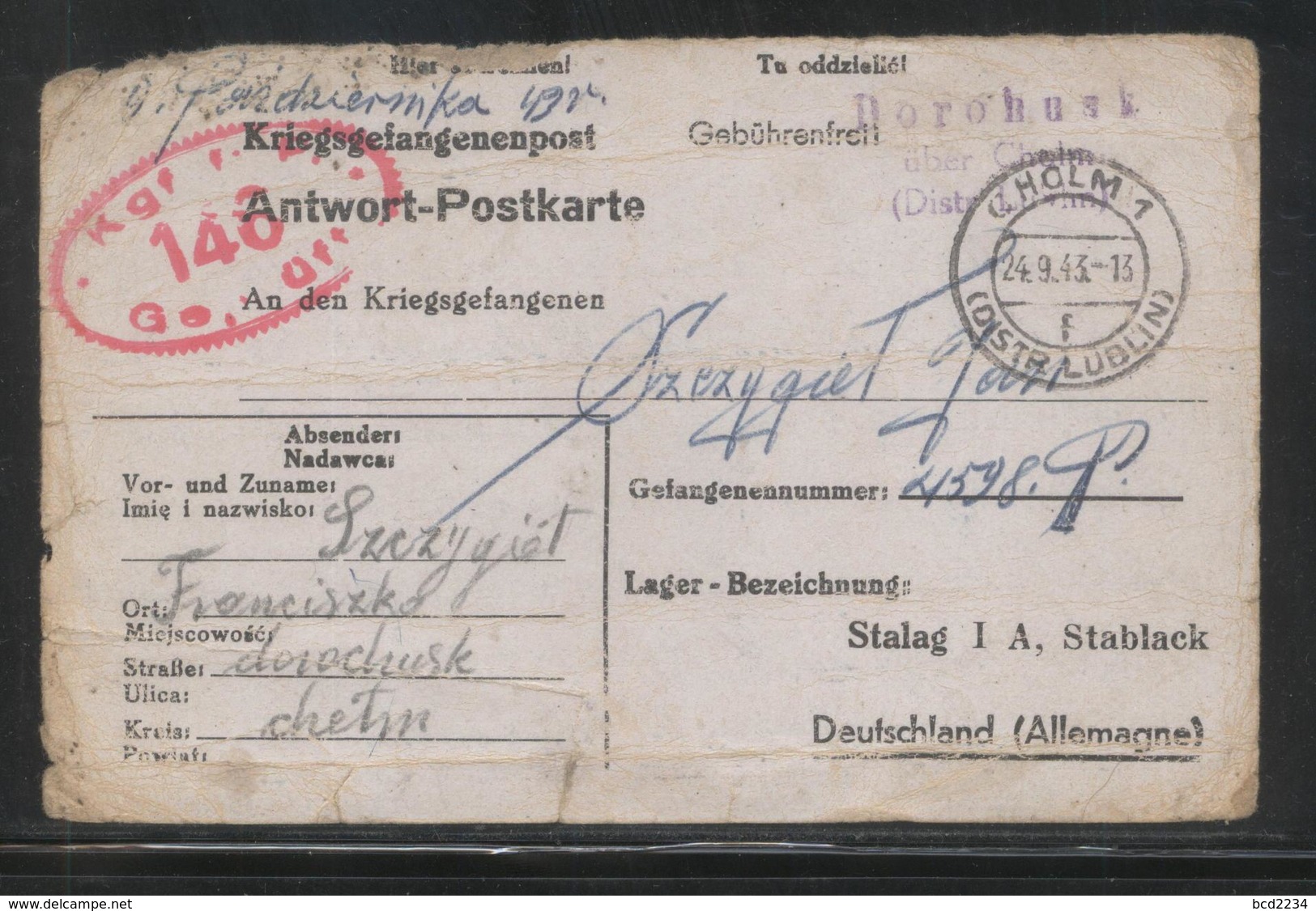 KRIEGSGEFANGENENPOST NAZI GERMANY THIRD REICH WW2 CHELM CHOLM TO PRISONER OF WAR POW CAMP STALAG 1A STABLACK RUSSIA - Gefängnislager