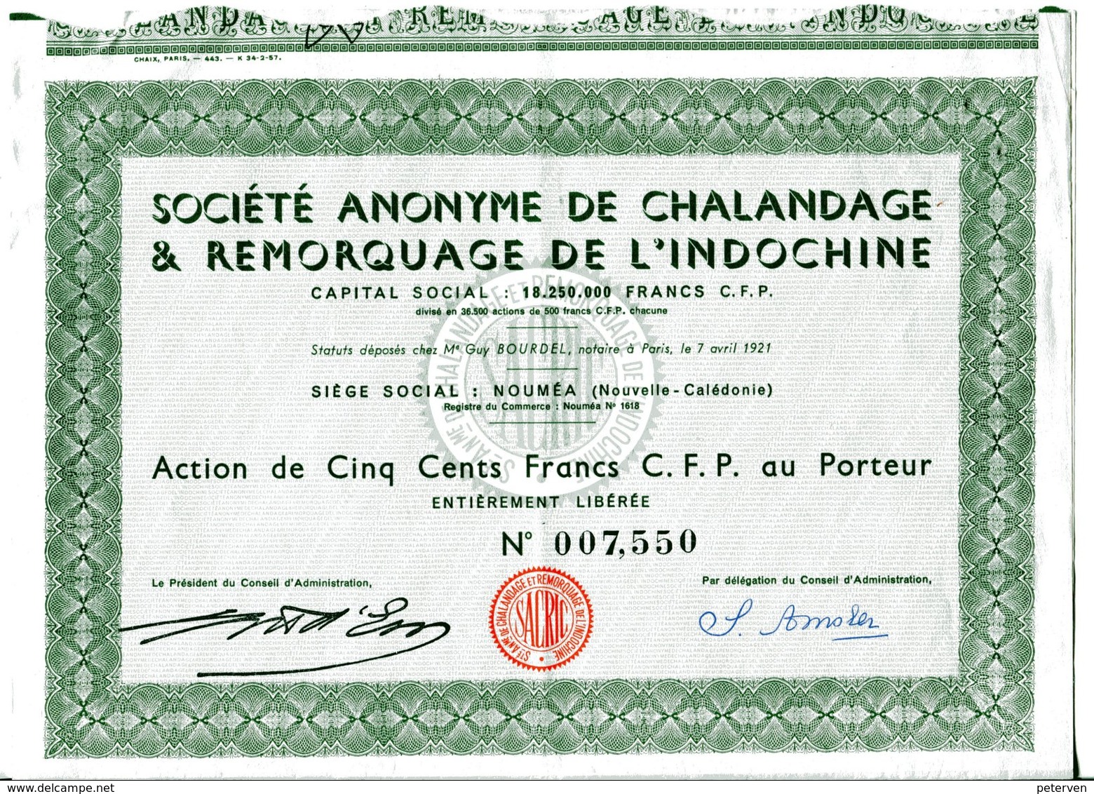 S.A. De CHALANDAGE & REMORQUAGE De L'INDOCHINE; Action De 500 Francs C.F.P. - Asie