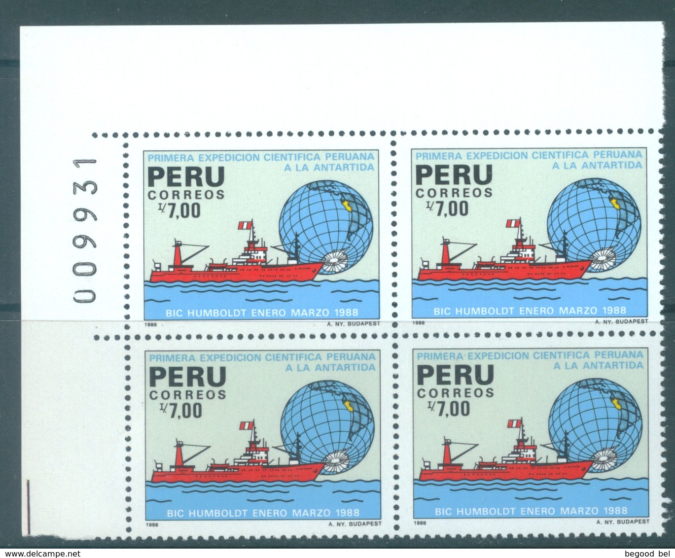 PEROU - MNH/** - 1988  - ANTARCTIQUE -  Mi 1376 BLOC OF 4 - Lot 19069 - Pérou