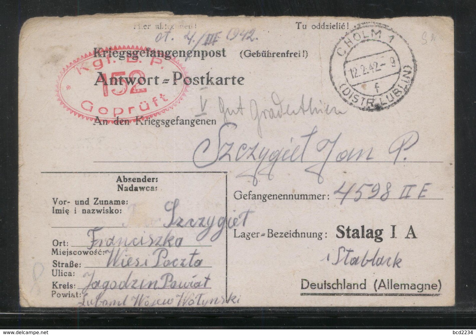 KRIEGSGEFANGENENPOST NAZI GERMANY THIRD REICH WW2 JAGODZIN WOLYN TO PRISONER OF WAR POW CAMP STALAG 1A STABLACK RUSSIA - Prisoner Camps