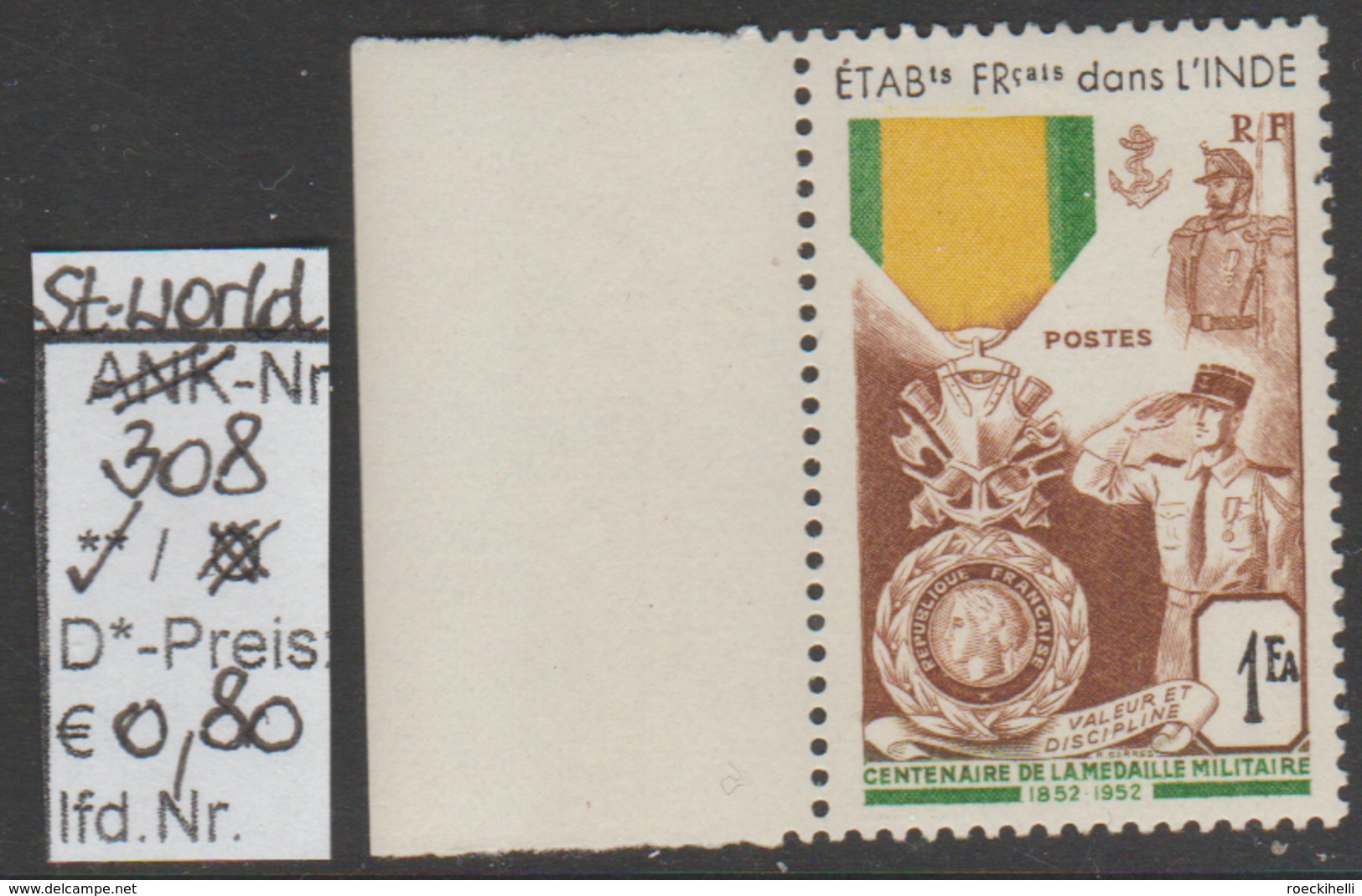 1952 -  SM "Französische Militär Medaille - Fr. Indien" -  ** Postfrisch - Siehe Scan (stampw. 308) - Unused Stamps