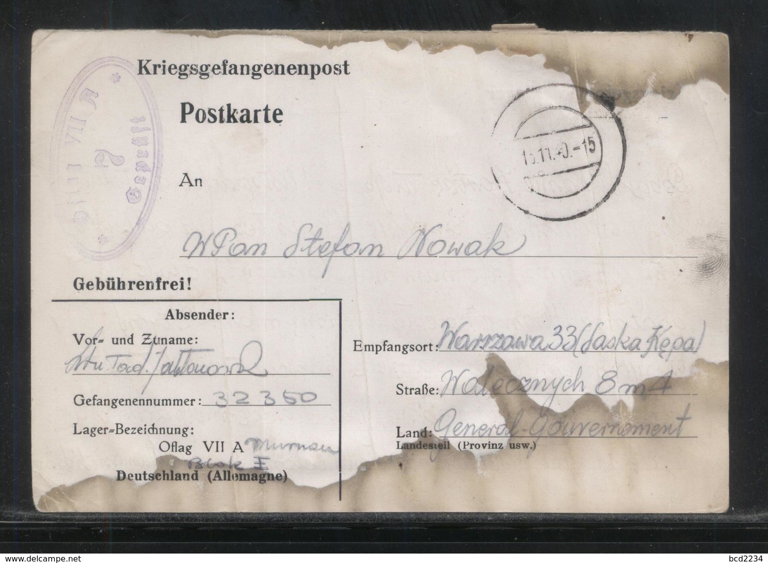 KRIEGSGEFANGENENPOST NAZI GERMANY THIRD REICH WW2 FROM PRISONER OF WAR POW CAMP OFLAG VIIA MURNAU TO WARSZAWA GG POLAND - Gevangenkampen