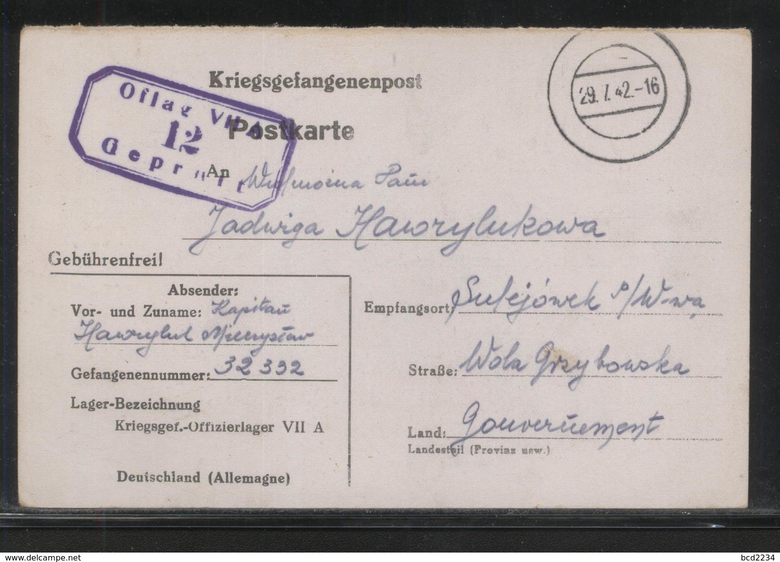 KRIEGSGEFANGENENPOST NAZI GERMANY THIRD REICH WW2 FROM PRISONER OF WAR POW CAMP OFLAG VIIA MURNAU TO SULEJOWEK GG POLAND - Gefängnislager