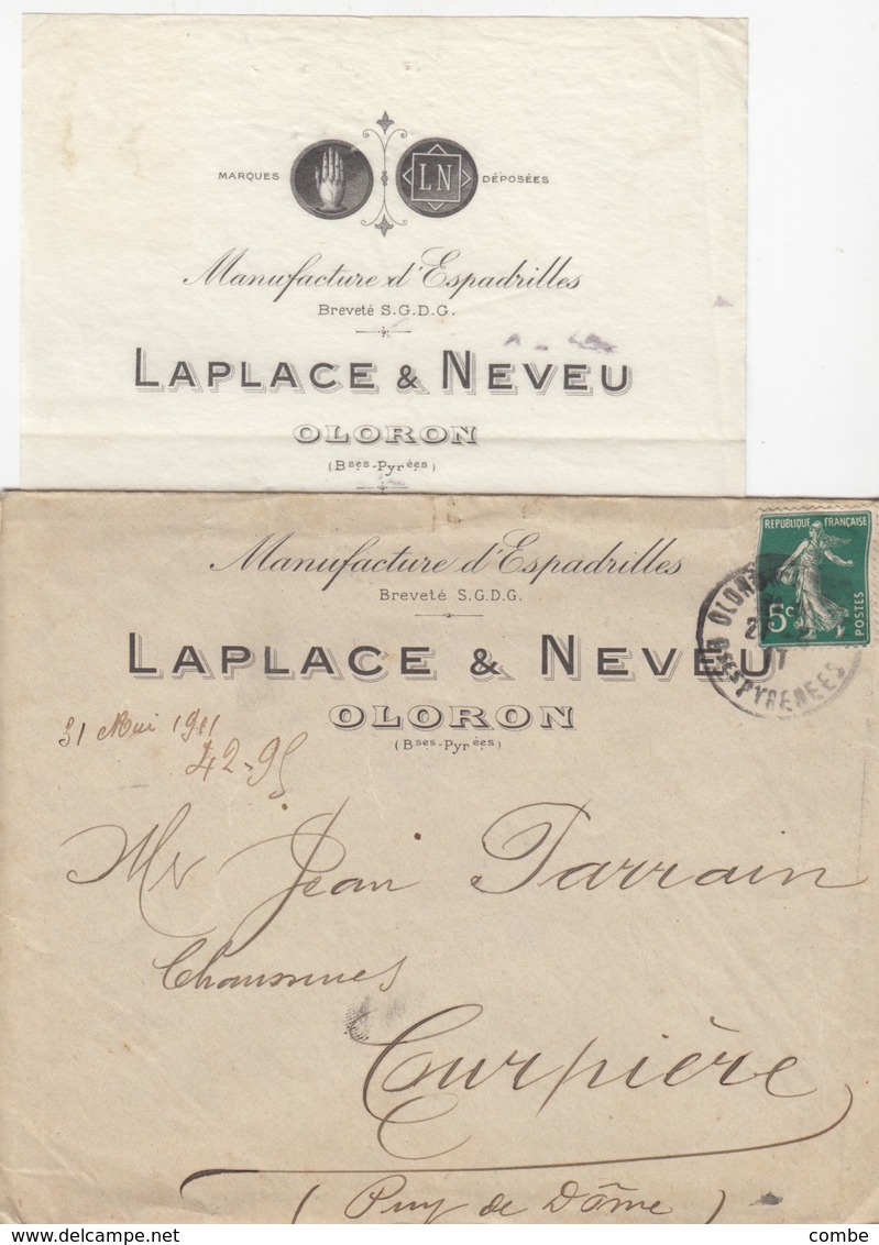 FRANCE.  LETTRE à EN-TÊTE + PAPIER. 1911. OLORON B. PYRENEES. MANUFACTURE D'ESPADRILLES LAPLACE & NEVEU - Autres & Non Classés