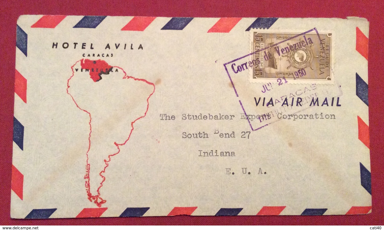 TEMATICA ALBERGHI  VENEZUELA  - U.S.A. ENVELOPE HOTEL AVILA  CARACAS  TO INDIANA  THE 21/5/50 - Costa Rica