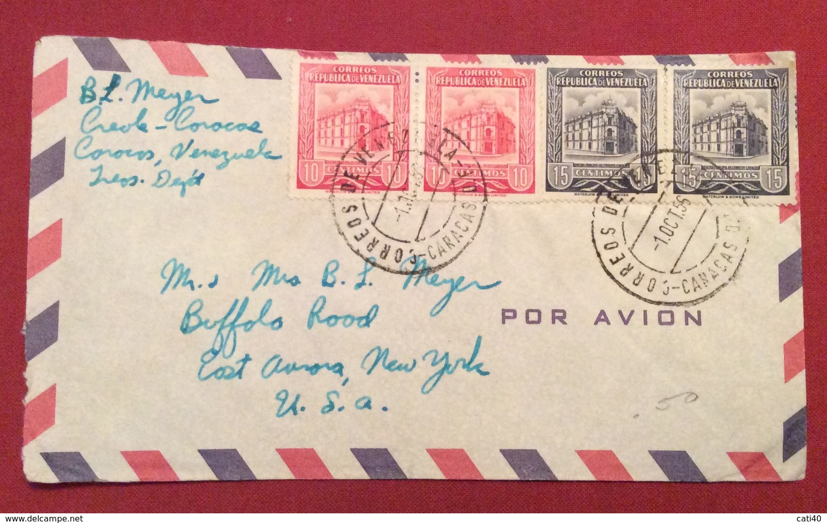 POSTA AEREA PAR AVION VENEZUELA  - U.S.A. ENVELOPE  FROM  CARACAS  TO NEW YORK  THE  1/10/55 - Costa Rica