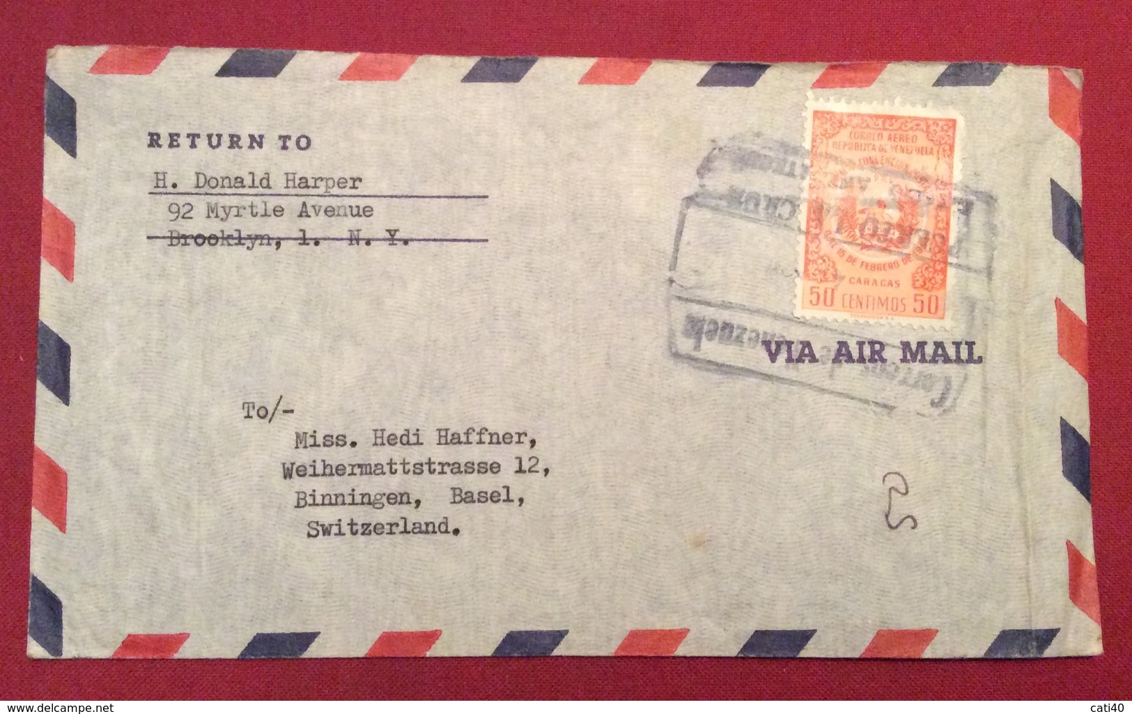 POSTA AEREA PAR AVION VENEZUELA  - SUISSE  ENVELOPE  VIA BARCELONA FROM  PUERTO LA CRUZ   TO BINNINGEN BASEL THE 26/6/56 - Costa Rica