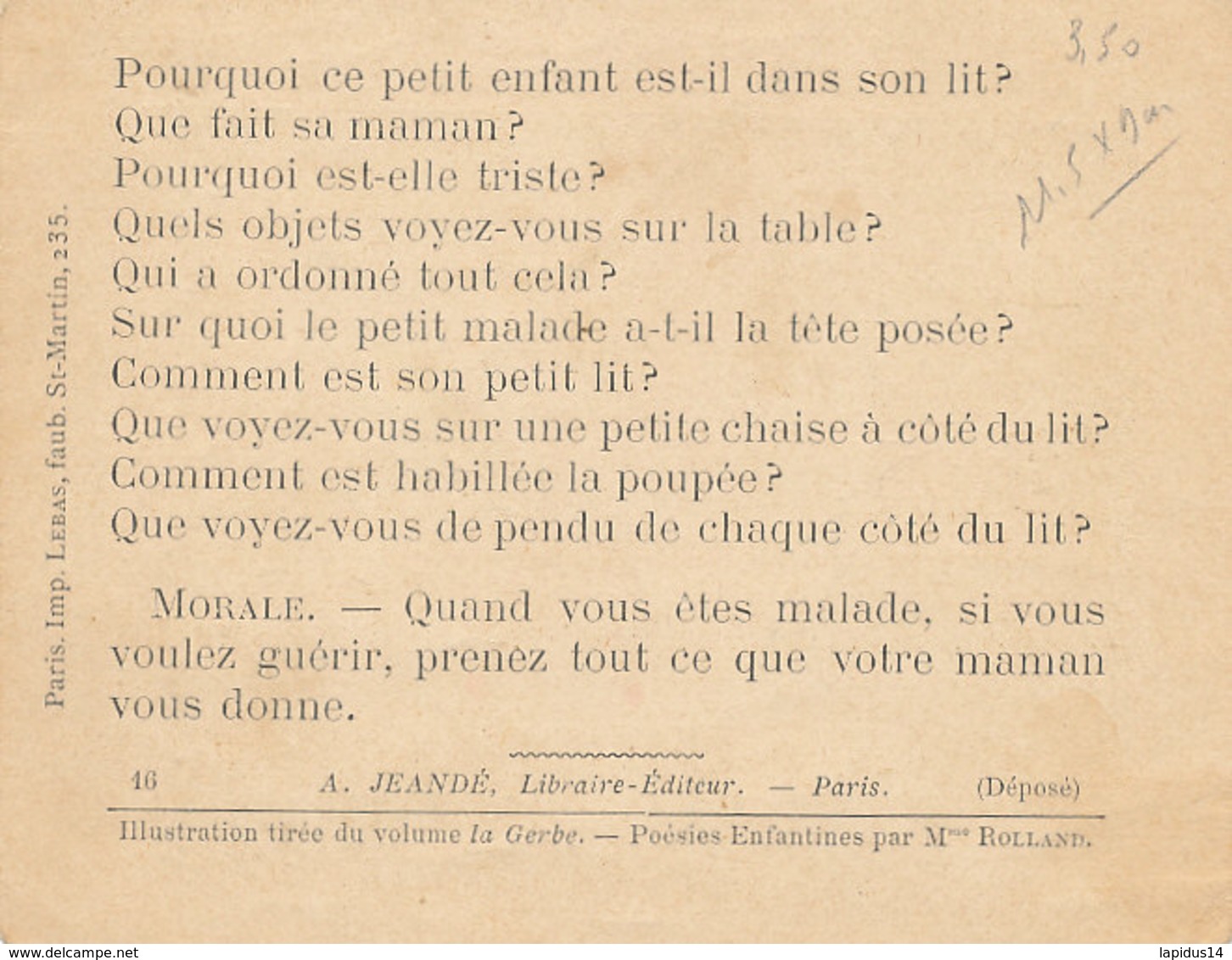 N 1 CHROMOS  -LES POURQOUI ???? PARCE QUE ...POESIE ENFANTINES PAR M Me ROLLAND - Andere & Zonder Classificatie