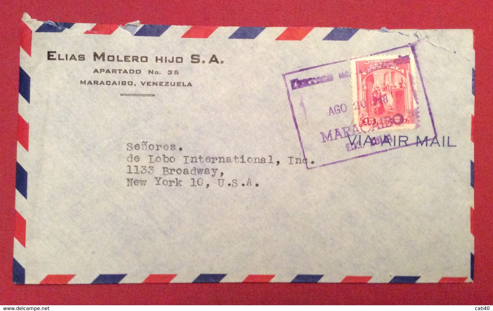 POSTA AEREA PAR AVION VENEZUELA  - U.S.A.  ENVELOPE  FROM MARACAIBO  TO NEW YORK THE 20/8/48 - Costa Rica