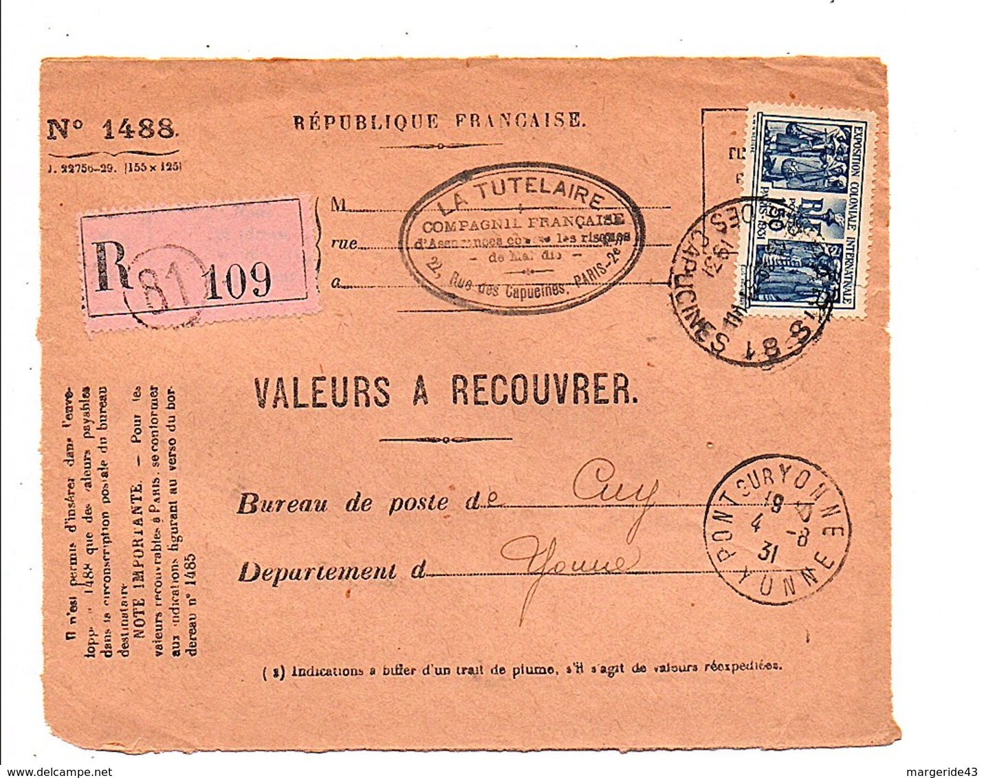 N°274 SEUL SUR DEVANT DE LETTRE DU 4/8/1931 - 1921-1960: Moderne