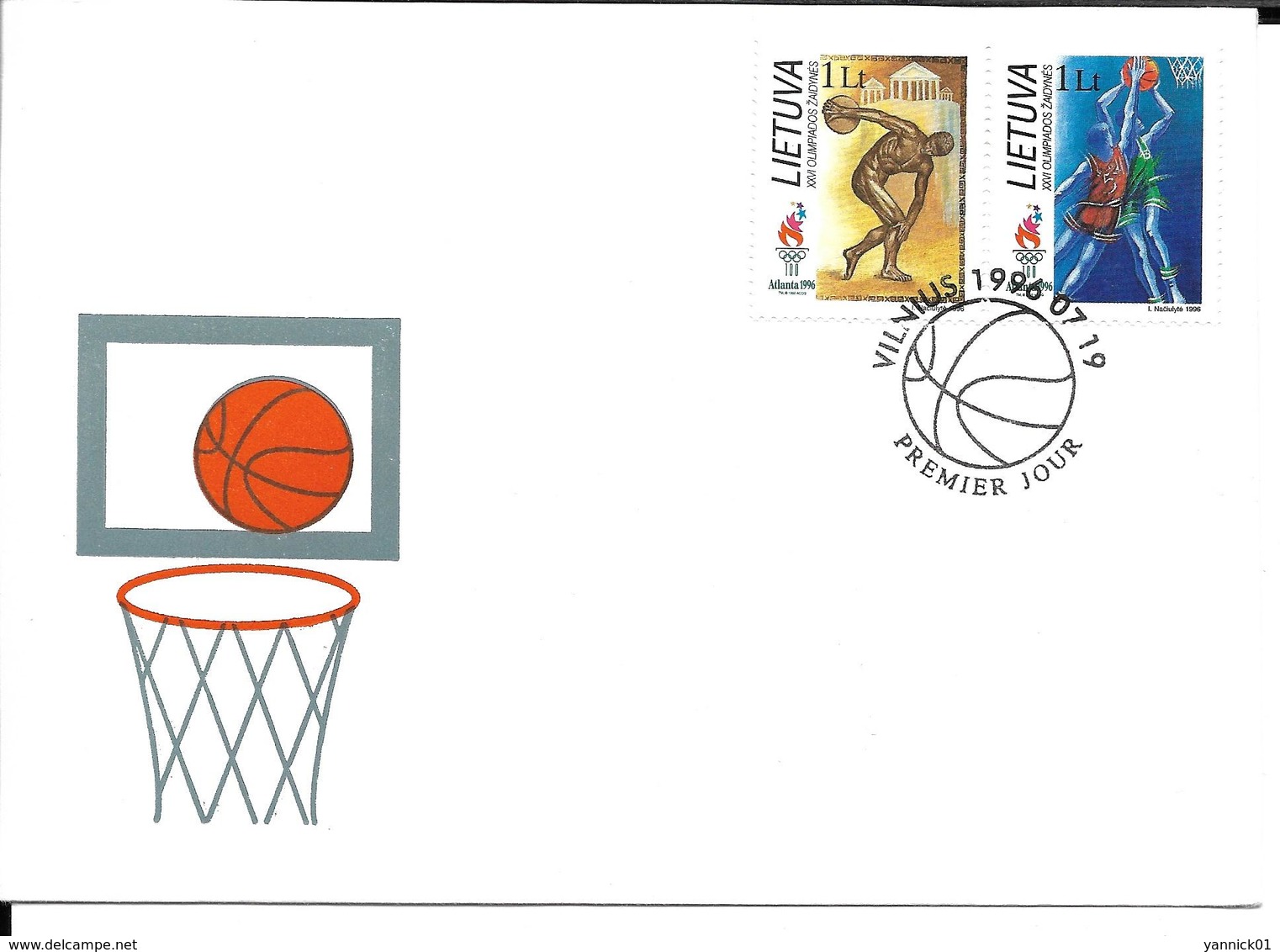 JEUX OLYMPIQUES ETE - OLYMPICS SUMMER GAMES ATLANTA 1996 - BASKET BALL DISCOBOLE - FDC VILNIUS LIETUVA - Ete 1996: Atlanta