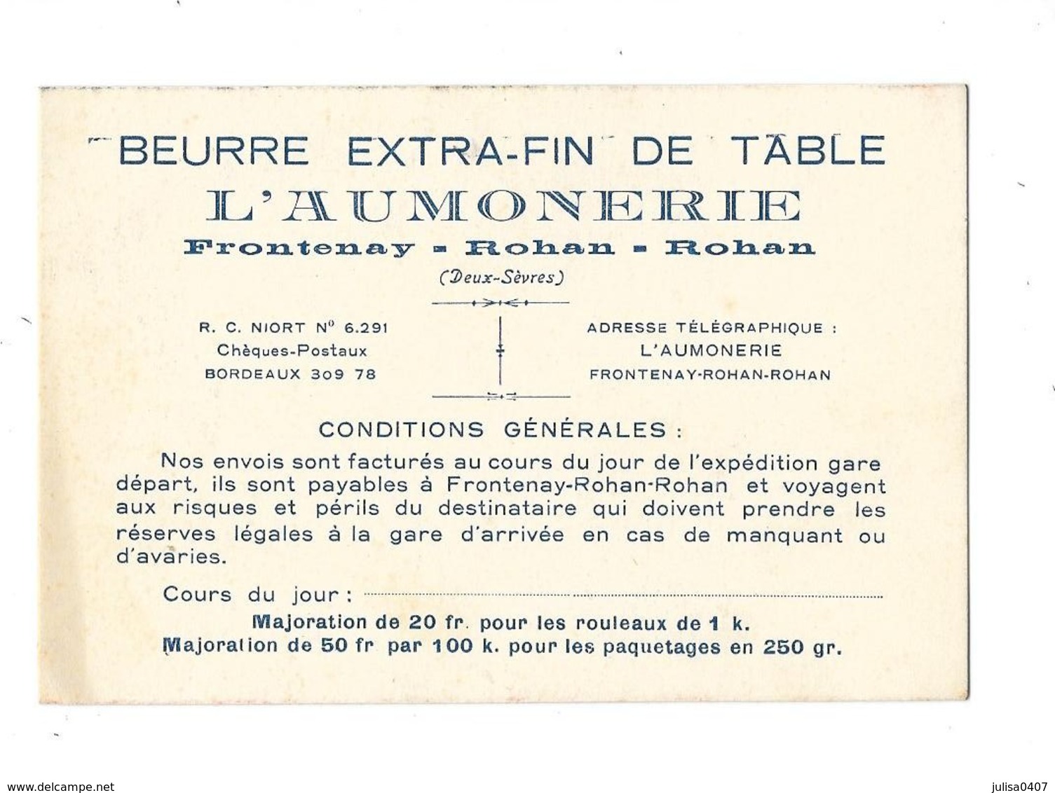 FRONTENAY ROHAN ROHAN (79) Carte De Visite Beurre De L'Aumonerie - Frontenay-Rohan-Rohan