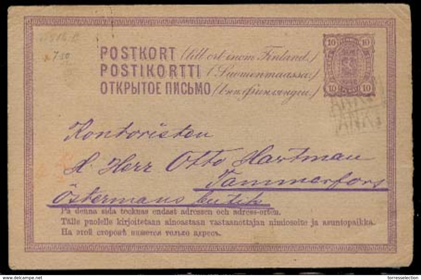 FINLAND. 1885. Lembois - Tammerfors. 10p Lilac Stat Card. Fine Early Used. - Otros & Sin Clasificación